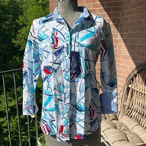 Chaps Fitted Red White & Blue Print Button-Up 3/4 Sleeves NWT
